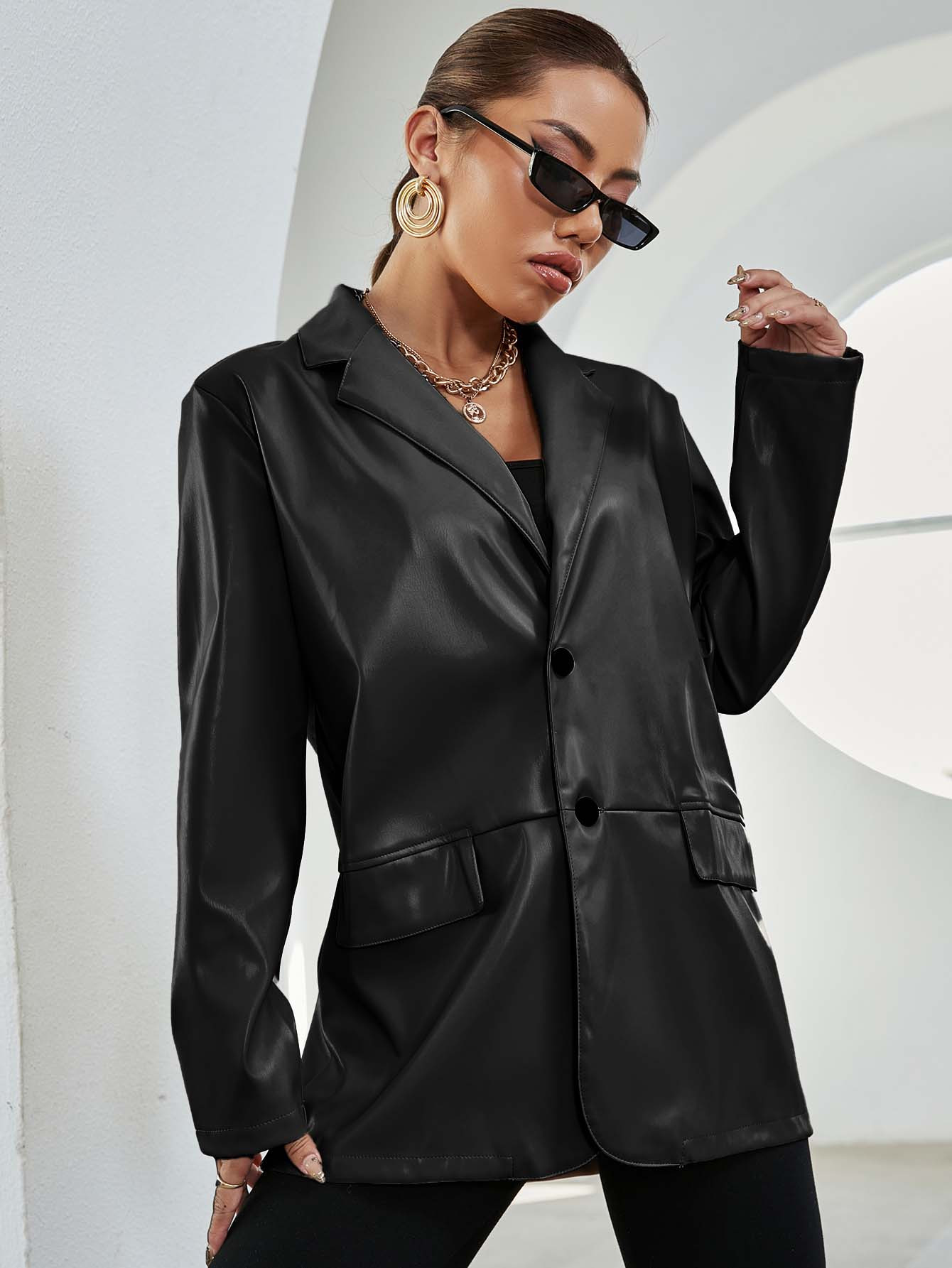 PU Leather Button Up Blazer (M / Black) | 1Sansome