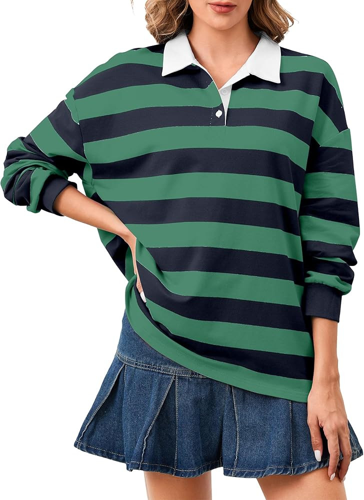 Women's Oversized Striped Polo Sweatshirt Long Sleeve Rugby Collared Pullover Tops Loose Fit Shir... | Amazon (US)