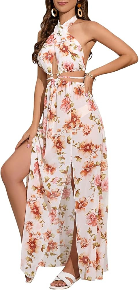 BIUBIU Women's Sexy Boho Floral Halter Summer Beach Party Split Cover Up Swimsuit Outfit Maxi Dre... | Amazon (US)
