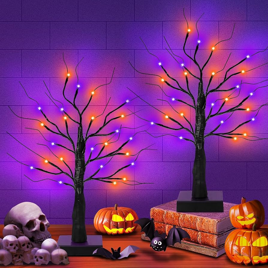[Timer] 2 Pack 24 Inch Black Halloween Tree with Orange Purple Lights, USB/Battery Operated Light... | Amazon (US)
