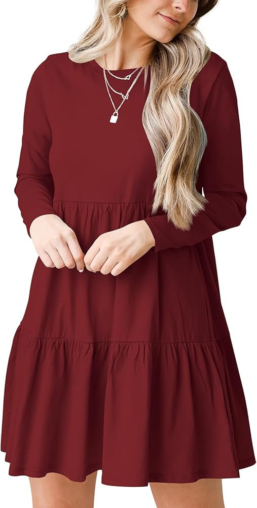 Women's Casual Fall Dress Round Neck Long Sleeve Tiered Loose Fit Babydoll Flowy Short Dress | Amazon (US)