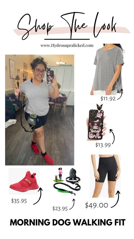 Fall outfits. Amazon essentials grey tee with split on sides. Zella biker shorts with pockets to fit iphone and keys on the sides. Kuromi phone case with pop to use as a stand from Amazon. Hiking lease with bounce for dog. Red puma slide on sneakers.

#LTKfitness #LTKmidsize #LTKover40