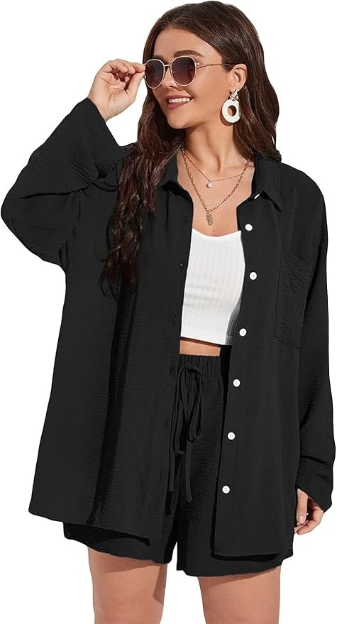 MakeMeChic Women's Plus Size Casual 2 Piece Outfits Long Sleeve Button Down Blouse and Shorts Set | Amazon (US)