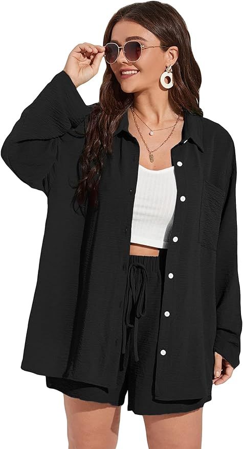 MakeMeChic Women's Plus Size Casual 2 Piece Outfits Long Sleeve Button Down Blouse and Shorts Set | Amazon (US)