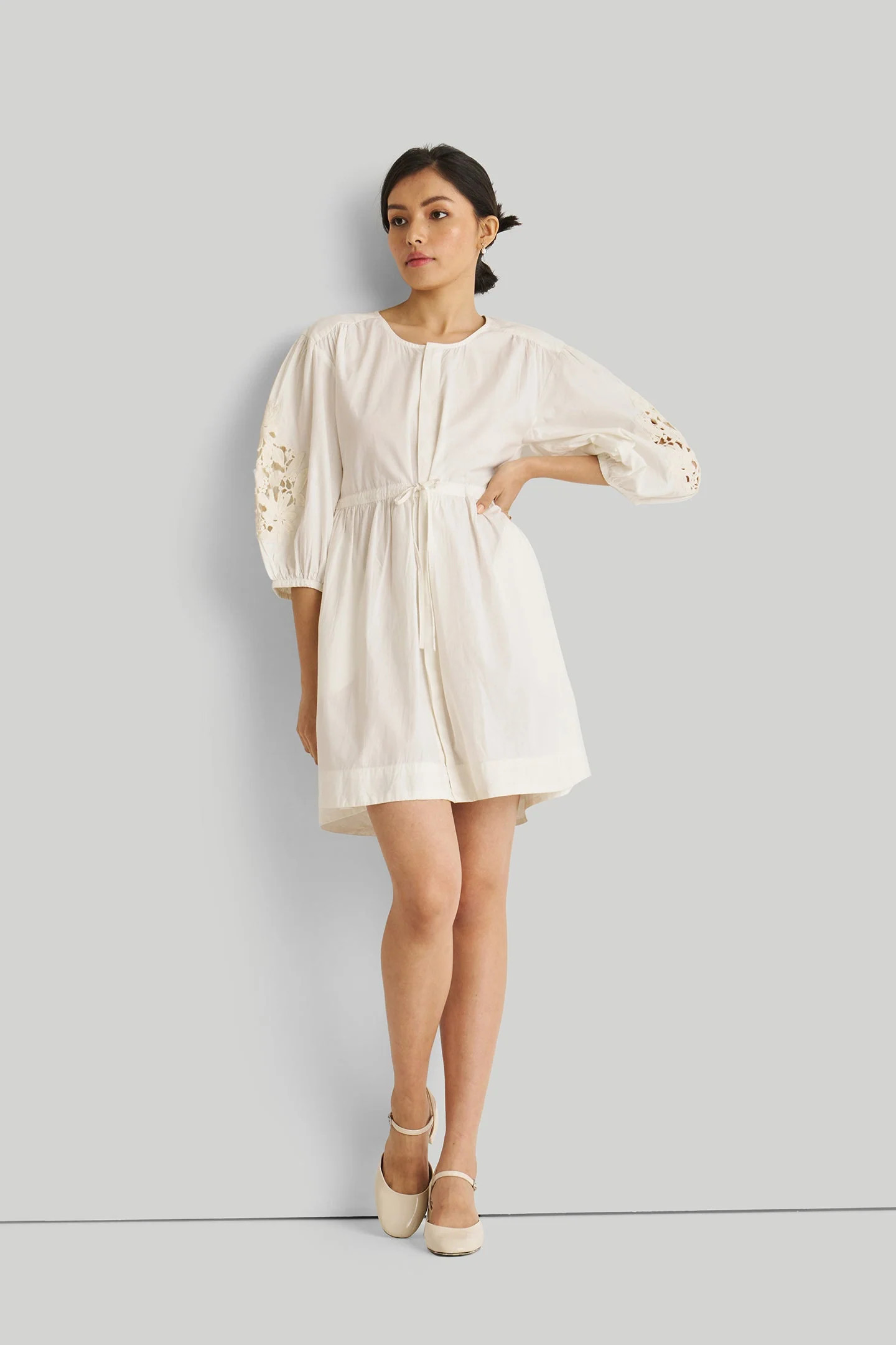 Shirt Dress with Balloon Sleeves in White | Shop Simon