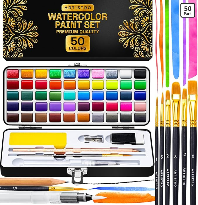ARTISTRO 50 Color Watercolor Paint Set - Portable Paint Art Kit with Palette and Brush Pens - Tra... | Amazon (US)