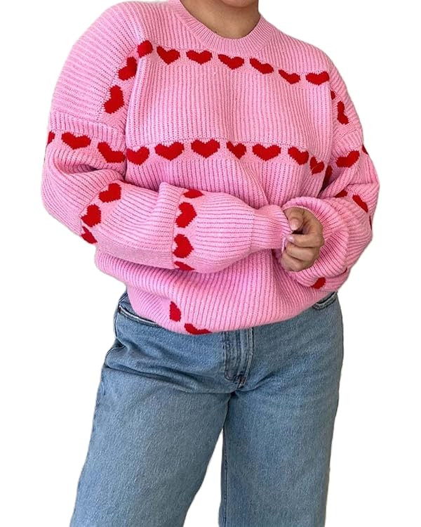 Women Heart Print Sweaters Crewneck Loose Fit Knit Pullover Casual Sweater Tops | Amazon (US)