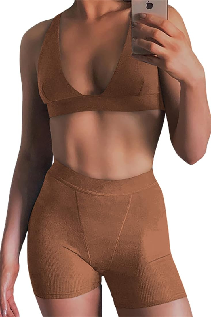 Kafiloe Women 2 Piece Workout Outfit Ribbed Deep V Neck Bra High Waist Bodycon Yoga Short Sets Gy... | Amazon (US)