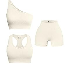 OQQ Women's 3 Piece Outfits Ribbed Seamless Exercise Scoop Neck Sports Bra One Shoulder Tops High... | Amazon (US)