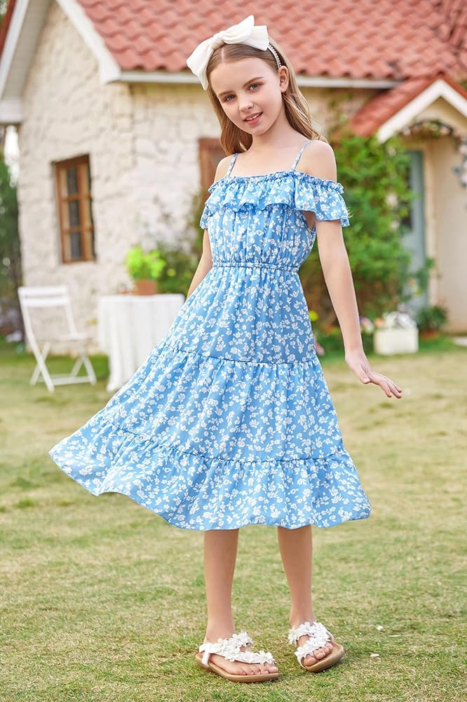 GRACE KARIN Girls Summer Dress Off Shoulder Ruffle Floral Spaghetti Strap Casual Sundress Tiered ... | Amazon (US)