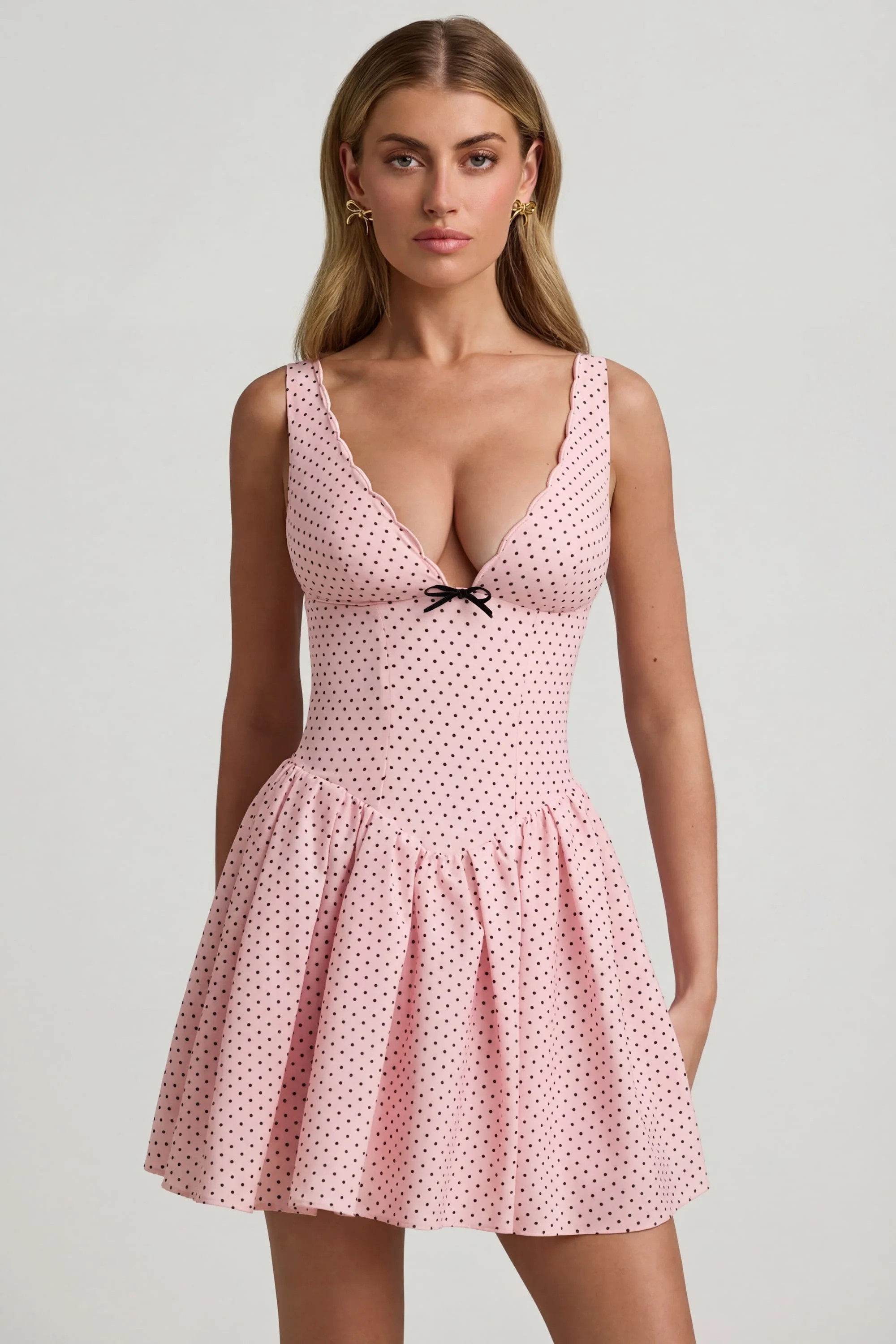 Bow-Detail A-Line Mini Dress in Pink Polka Dot | Oh Polly