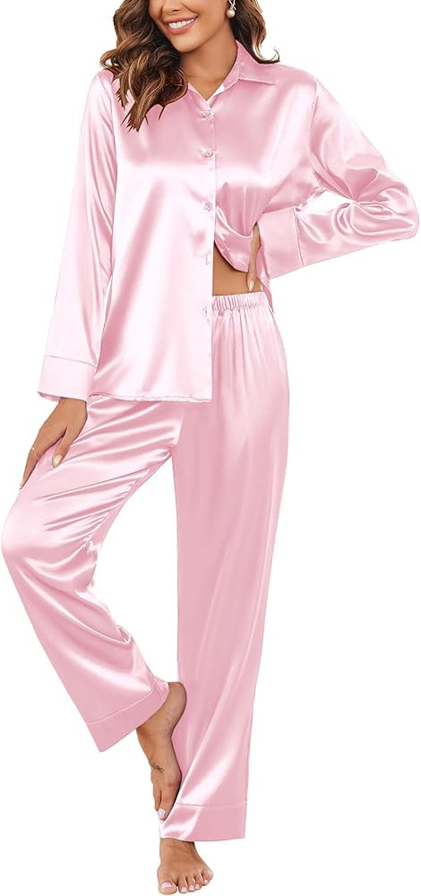 Ekouaer Classic Satin Pajamas for Women Long Sleeve Button Down Sleepwear Soft Silk Loungewear Pj... | Amazon (US)