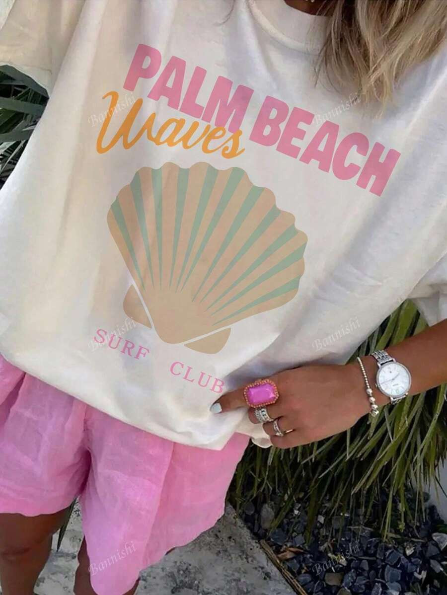 Palm Beach Waves Surf Club Graphic T-Shirt, Casual Crew Neck Tee With Alphabet Print, Regular Len... | SHEIN