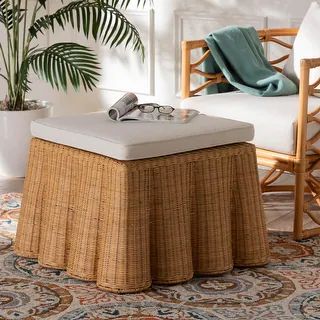 Palm Bohemian Honey Scallop Rattan Ottoman | Bed Bath & Beyond