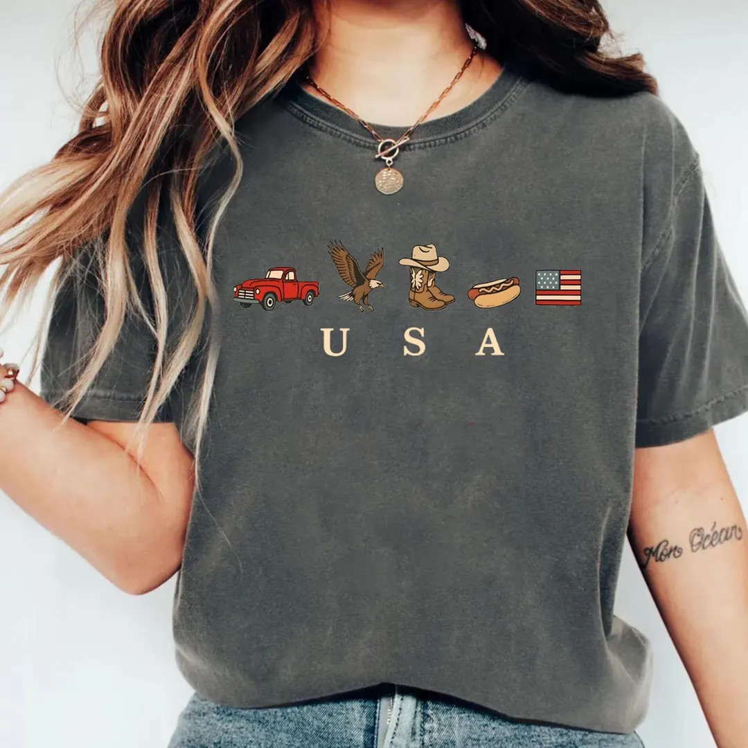 USA Icons T-shirt – American Flag, Cowboy Boots, Hot Dog Graphic Tee - Etsy | Etsy (US)