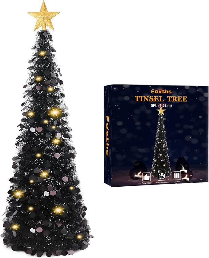 Amazon.com: Fovths 5 Feet Christmas Black Tinsel Tree Coastal Glittery Collapsible Pop Up Artific... | Amazon (US)