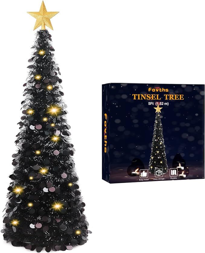 Amazon.com: Fovths 5 Feet Christmas Black Tinsel Tree Coastal Glittery Collapsible Pop Up Artific... | Amazon (US)