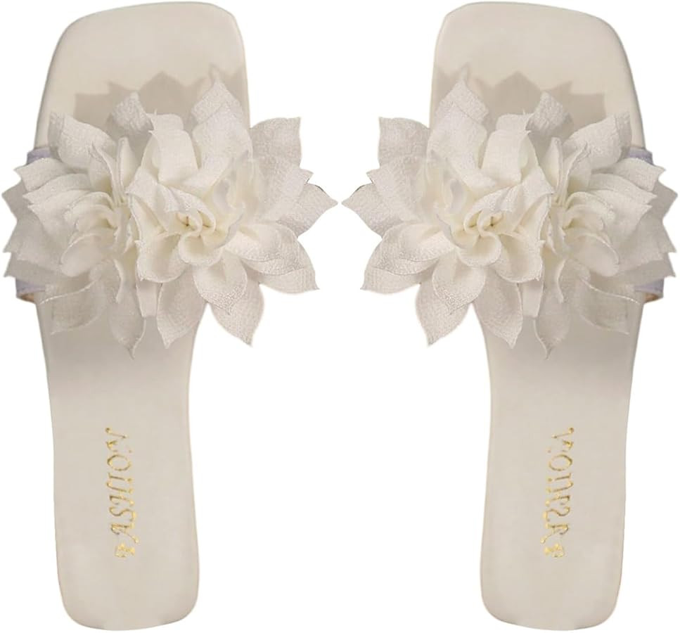 Women's 3D Floral Flat Sandals Dressy Square Open Toe Sandals Single Band Casual Slip on Slides | Amazon (US)