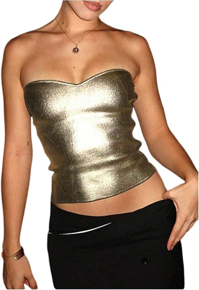 MakeMeChic Women's Summer Metallic Tube Top Strapless Bandeau Shirt Party Crop Tops | Amazon (US)