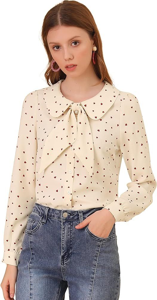 Allegra K Women's Valentine's Day Outfit Bow Tie Collar Blouse Heart Print Peter Pan Collar Butto... | Amazon (US)