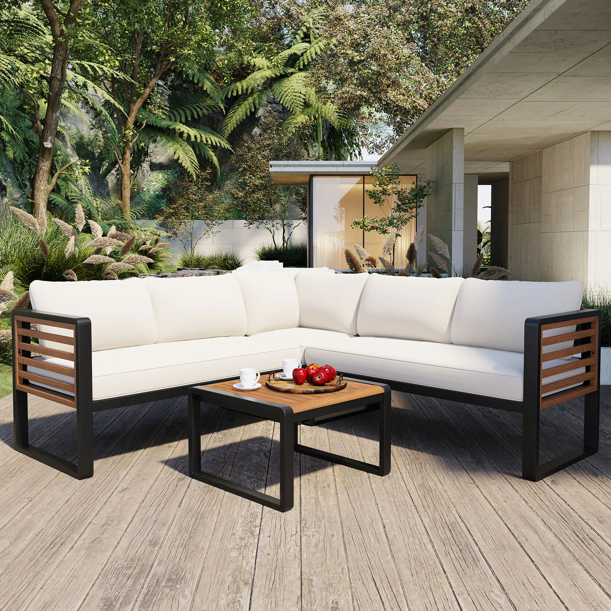 ModernLuxe Assembly Required 4 Pieces Outdoor Patio Conservation Set Metal and Wood Frame Sectional Lshaped Sofa with Soft Cushion and a Coffee | Lowe's