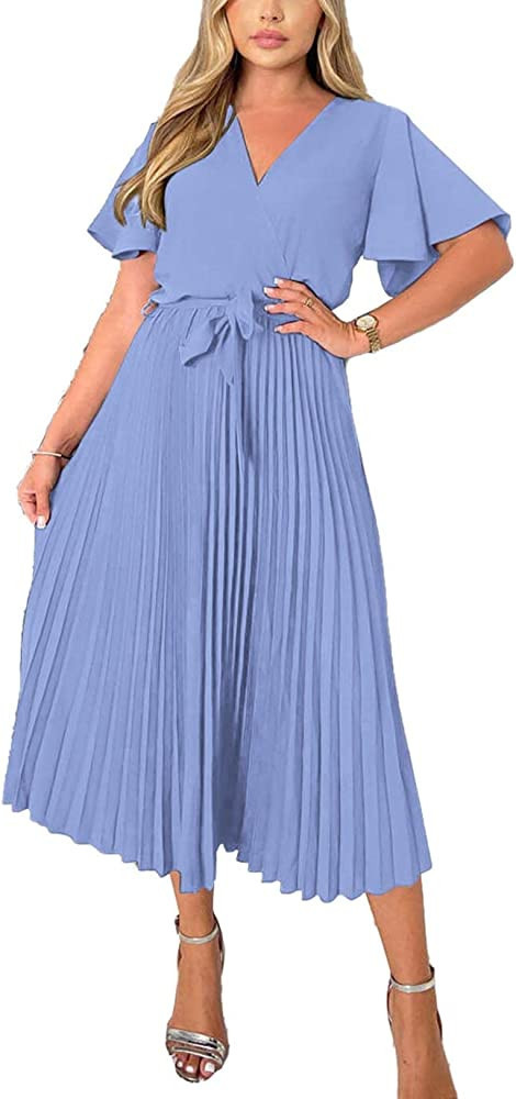BTFBM Women Wrap V Neck Casual Summer Dresses 2023 Short Sleeve Satin Tie Waist Pleated Flowy Wed... | Amazon (US)