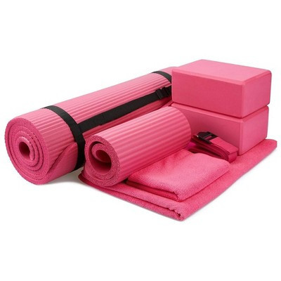 BalanceFrom Fitness 7 Piece Home Gym Yoga Set with 0.5 Inch Thick Yoga Mat, 2 Yoga Blocks, Mat Towel, Hand Towel, Stretch Strap, and Knee Pad, Pink | Target