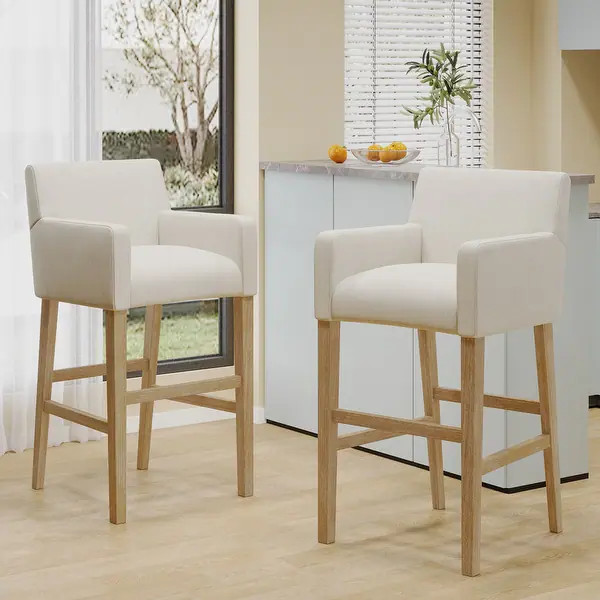 Armga Fabric and Rubberwood 30.5 inch Barstools (Set of 2) by Christopher Knight Home - Beige/Wea... | Bed Bath & Beyond