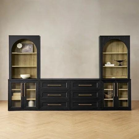 Mopio Blake 4 Piece Entertainment Center with Storage, Modern Farmhouse Wall Unit TV Stand with Bookshelves for up to 65" TVs, Trophy Display Case, Media Console Cabinet, Living Room (Black) | Walmart (US)