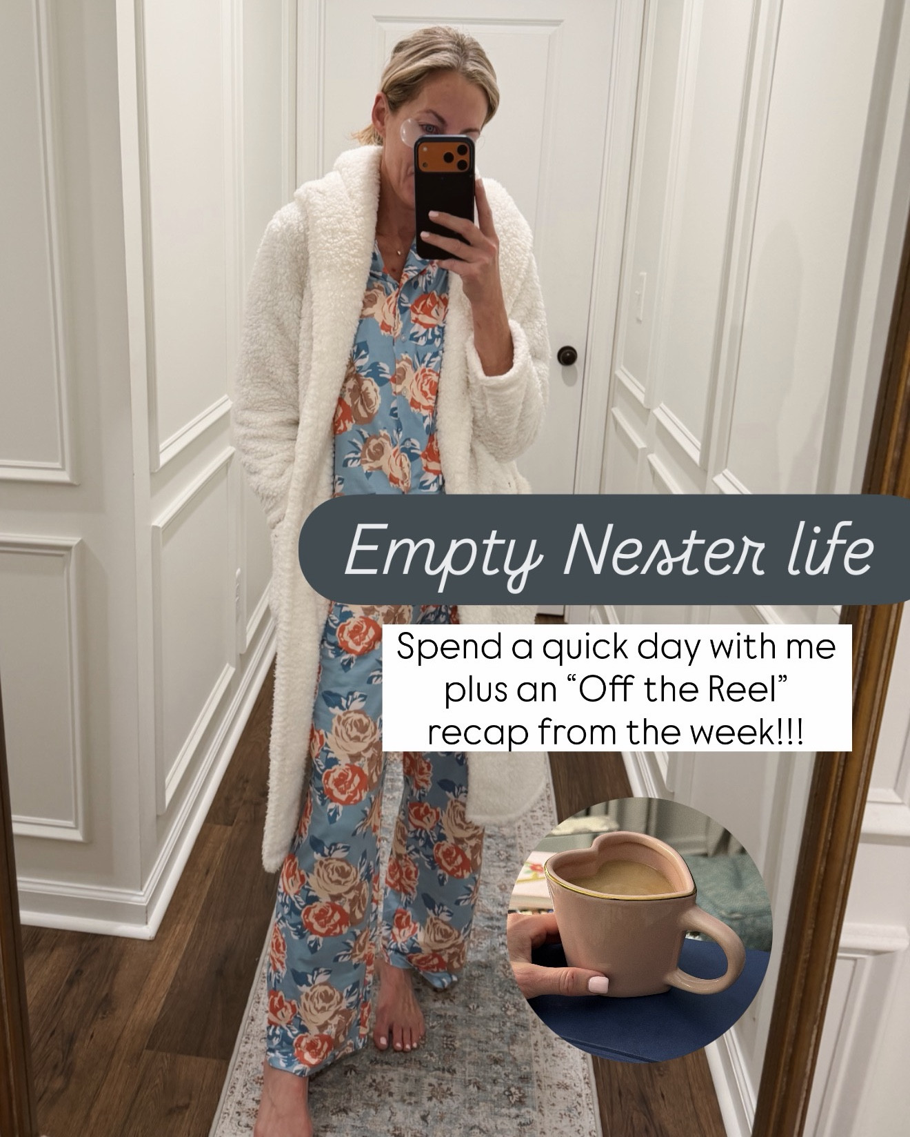 You all ask all the time what my days really look like, and honestly… my mind is usually moving faster than I can explain it. If I ever sit down long enough, I tend to fall asleep, so I just keep going. But here’s a little sneak peek into my world. Most days start quietly—picking the coffee cup that speaks to me, saying a prayer, gathering my thoughts, and usually writing something down to share with you. Then it’s getting changed and heading out the door to leaning land. Which is usually too busy to stop for pictures… The day moves fast then its home is where things slow down again a little incline workout to get ready for a long run tomorrow, cozy blankets, and DoorDash on the couch while we wait for the boys to come home. Even if it’s just 24 hours, we’ll take it, because empty nest life teaches you that every minute counts. And Finally, wrap-up of the week “off the reel and always into real life”. That’s what you’ll find here. Real life, from a real mom, with an empty nest and a very full heart!!! 