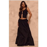 Black Linen Look Tiered Maxi Skirt | PrettyLittleThing UK