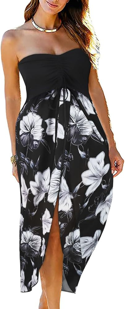Women's Beach Dress Summer Maxi Sundress Strapless Hawaiian Cover Ups Asymmetrical Wrap Dresses | Amazon (US)