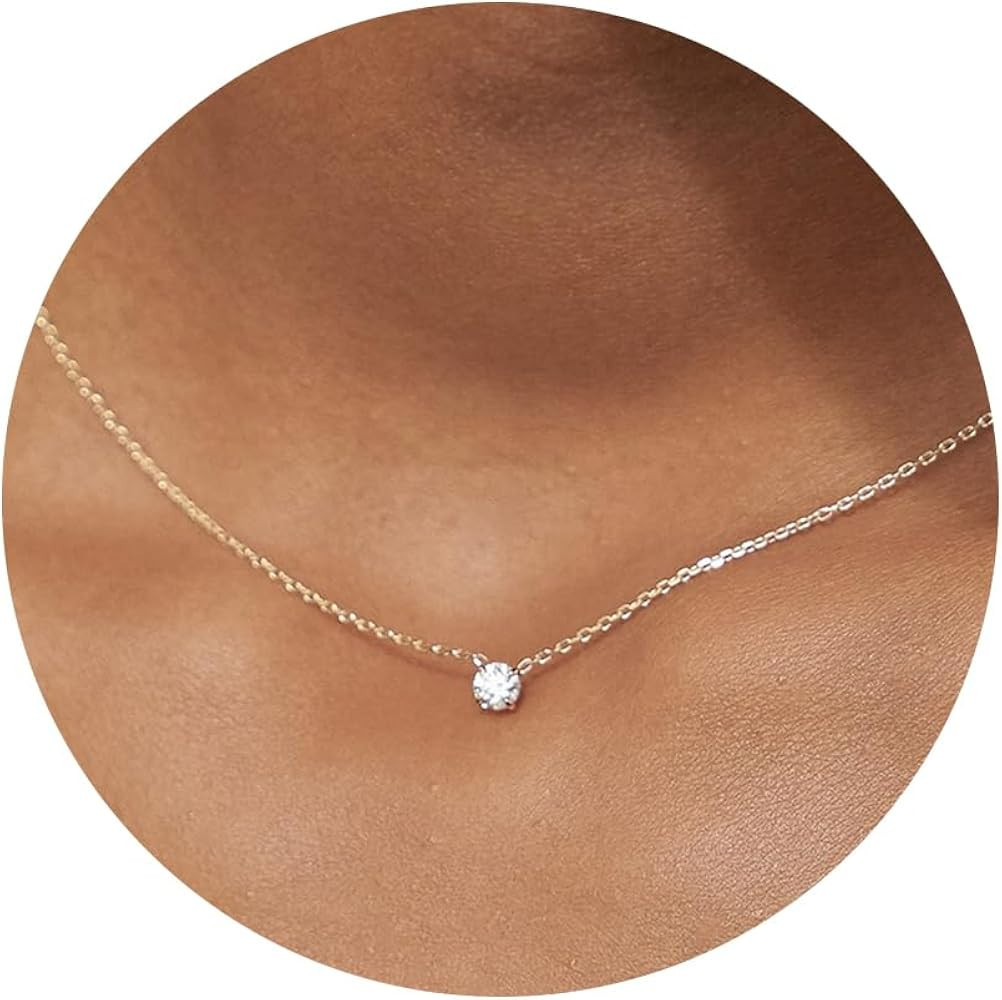 Diamond Necklaces for Women-14k Gold Plated Crystal Solitaire Cubic Zirconia Necklaces Tiny Round... | Amazon (US)