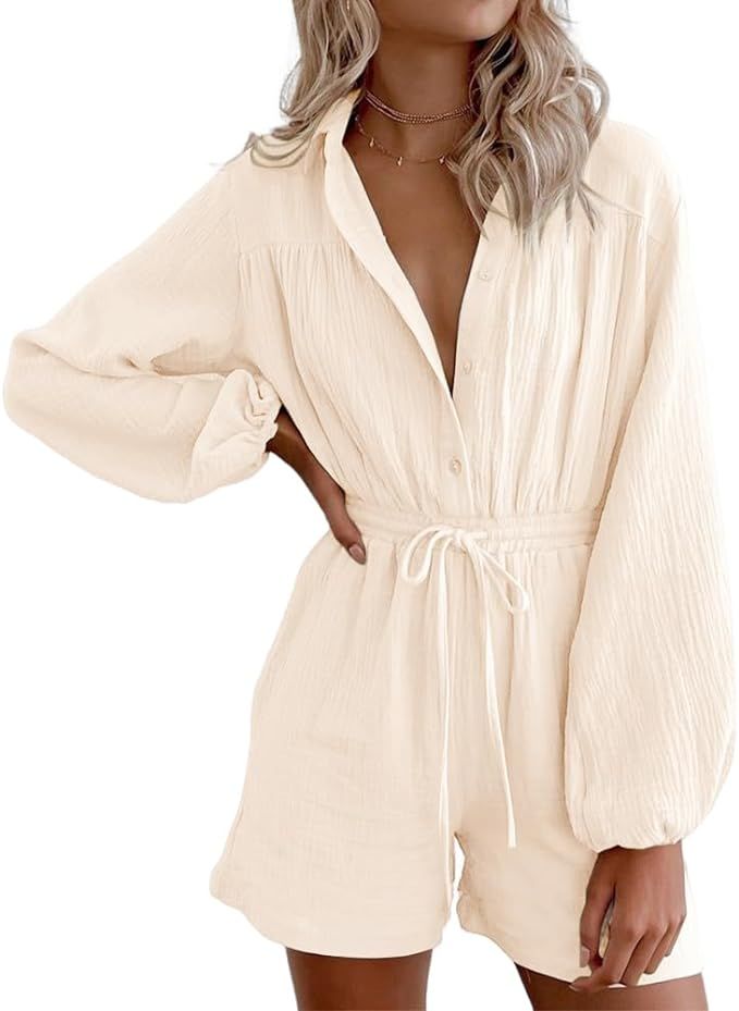 Jeanewpole1 Women's Long Sleeve Wide Leg Rompers Button Up Drawstring Short Jumpsuits With Pocket | Amazon (US)