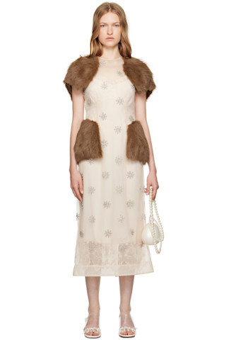 Beige Embellished Faux Fur Midi Dress | SSENSE
