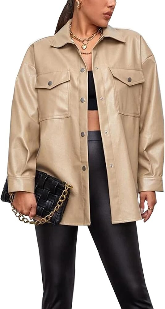 Women's Faux Leather Shacket Jacket Button Front PU Long Sleeve Coat Casual Shirt | Amazon (US)