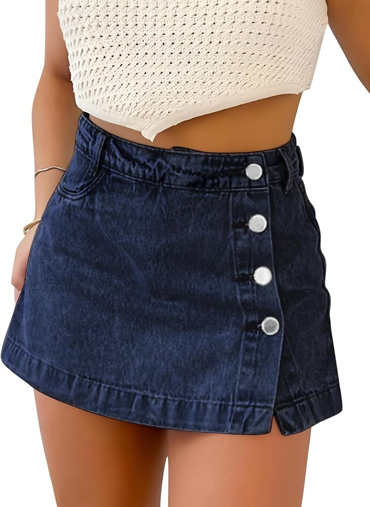 Denim Skort for Women Trendy Slit Mini Denim Skirt Casual Stretchy Jean Skirt with Shorts Summer ... | Amazon (US)