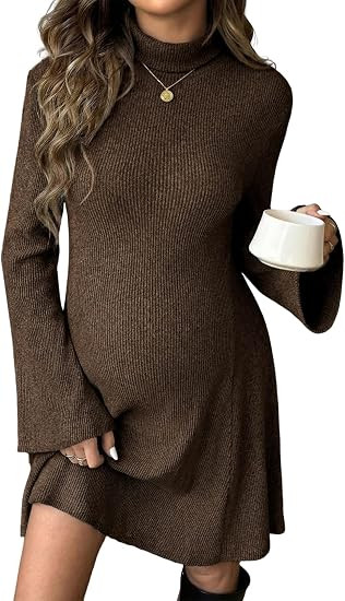 BLENCOT Womens Midi Maternity Dress Rib Knit Mock Neck Fall Casual Dresses | High Stretch Bell Sl... | Amazon (US)