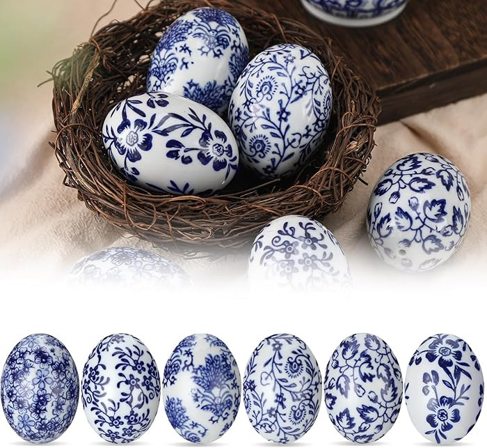 Bucherry 6 Pcs Ceramic Easter Eggs Decorations Chinoiserie Blue and White Floral Eggs Figurines P... | Amazon (US)