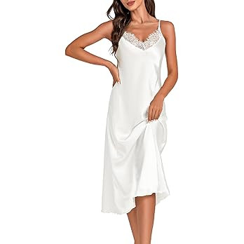 Marvmys Womens Satin Long Nightgown Lace Trim Silk Lingerie Slip Dress Sexy Spaghetti Strap Night... | Amazon (US)