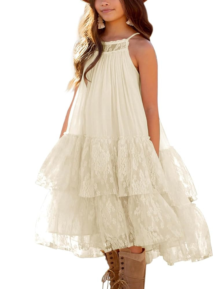 Batermoon Girls Lace Backless Tulle Dress Halter Neck Boho Flower Girl Sleeveless Ruffle Swing Pa... | Amazon (US)
