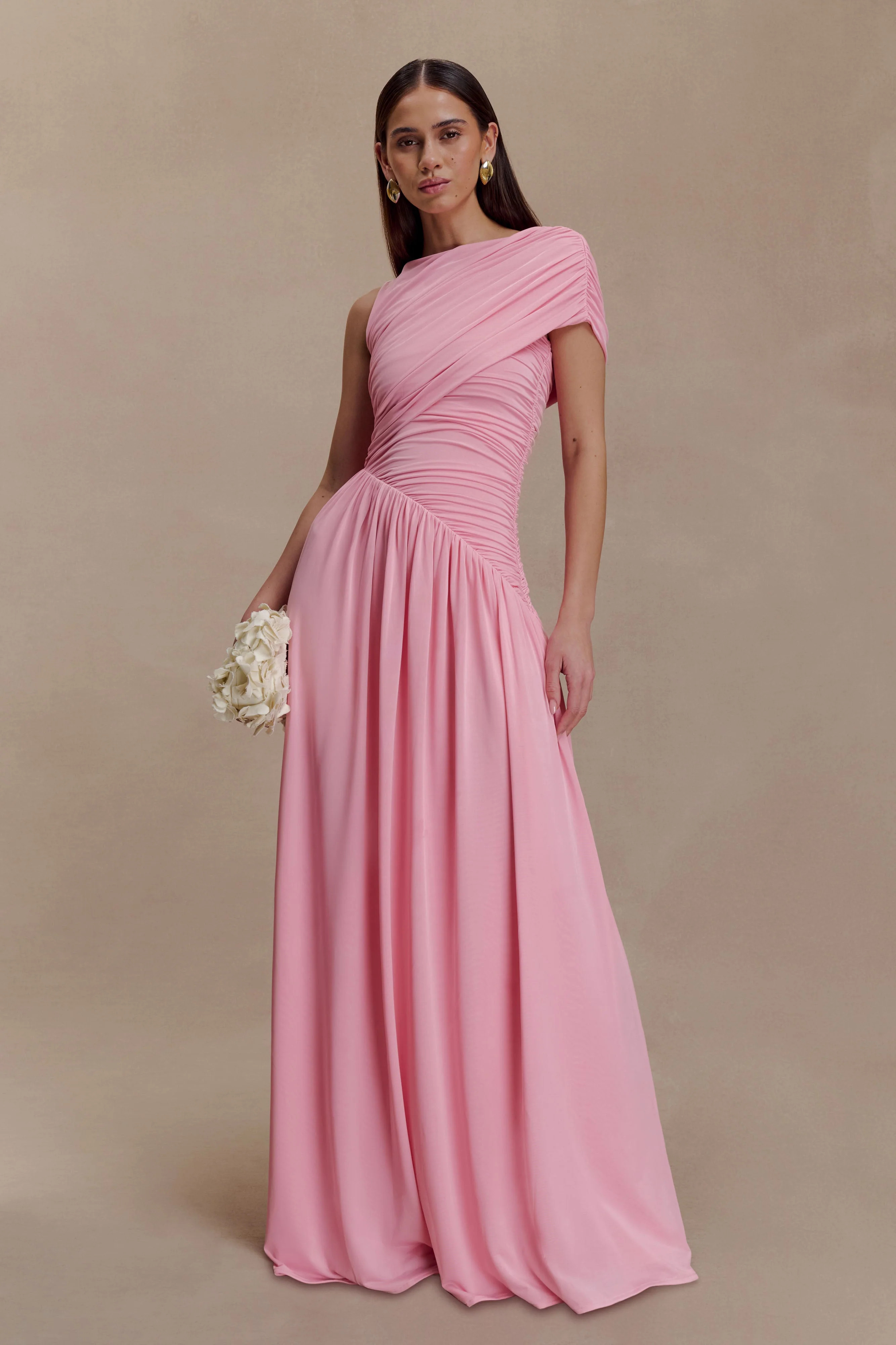 Ayeshya Slinky Asymmetric Maxi Dress - Candy Pink | Meshki UK