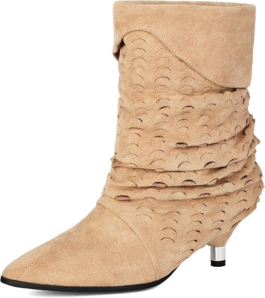 Womens Pointed Toe Slouchy Suede Kitten Heel Stack Ankle Boots | Amazon (US)