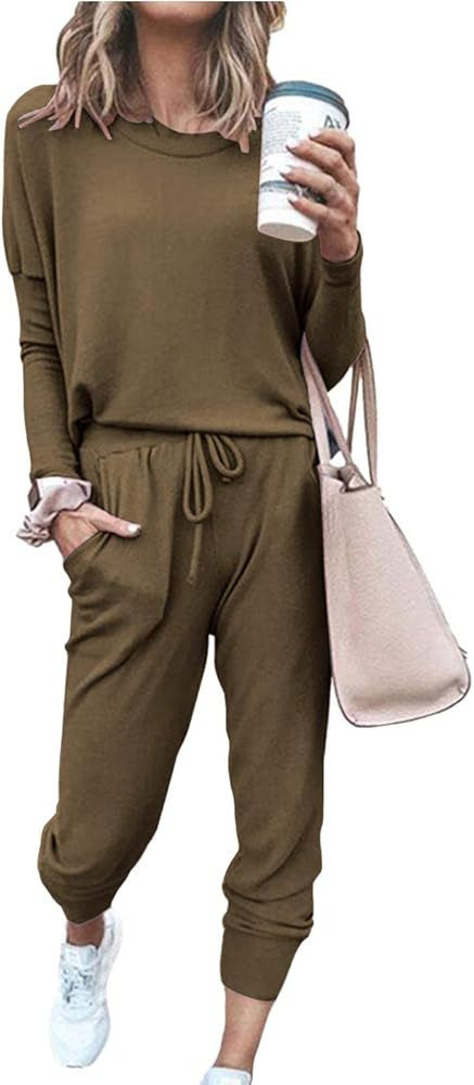 Women’s Solid Color Two Piece Outfit Long Sleeve Crewneck Pullover Tops And Long Pants Sweatsui... | Amazon (US)