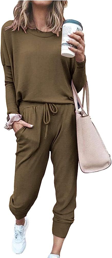 Women’s Solid Color Two Piece Outfit Long Sleeve Crewneck Pullover Tops And Long Pants Sweatsui... | Amazon (US)