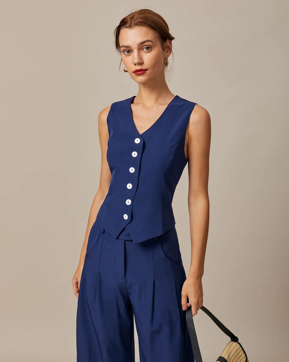 The Navy V Neck Button Up Sleeveless Vest & Reviews - Navy - Tops | RIHOAS | rihoas.com