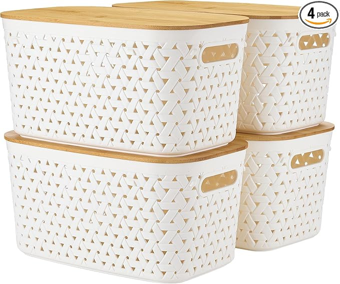 Plastic Storage Bins with Bamboo Lids Set of 4 - Pantry Organization and Storage Containers Stora... | Amazon (US)