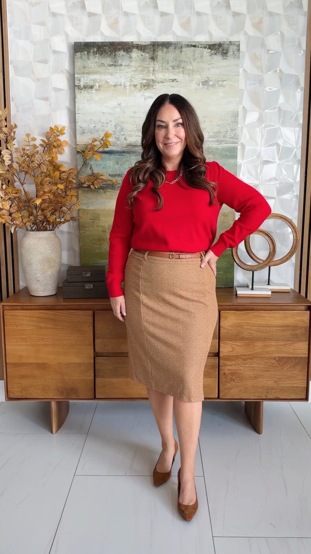 Elevate your wardrobe with this chic cashmere/ wool blend red sweater. Pair it with a stretchy pencil skirt for a polished look. Sizing: Sweater tts, L | skirt size up if in-between, XL #fallfashion #workwear #gracekarin #amazonfashion

#LTKWorkwear #LTKOver40 #LTKMidsize
