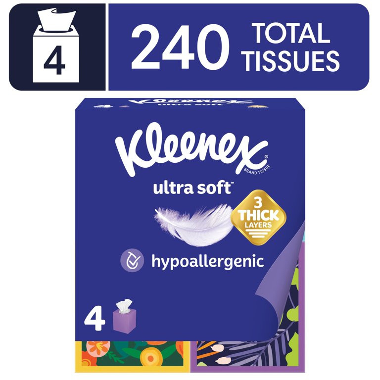 Kleenex Ultra Soft Facial Tissues, 4 Cube Boxes, 60 Tissues per Box, 3-Ply | Walmart (US)