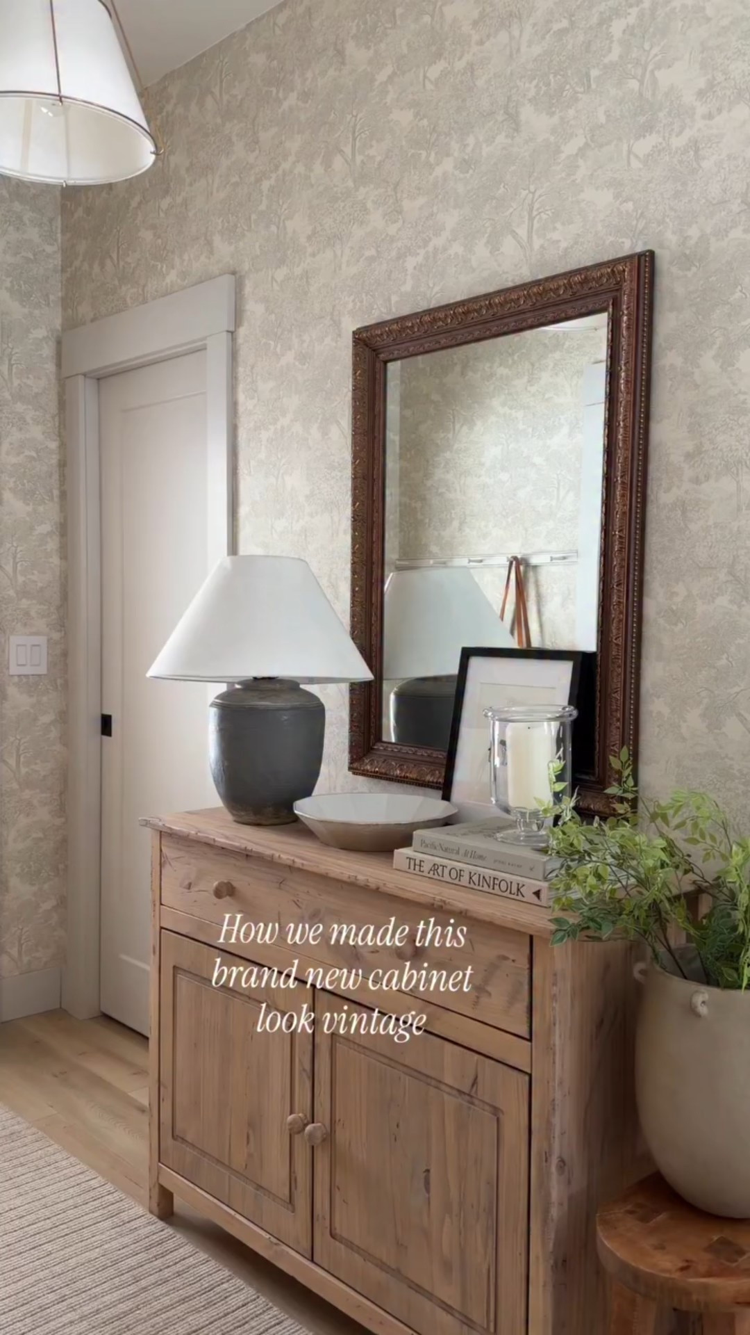 I couldn’t find the vintage pine cabinet I wanted… so we made it 😍 I ordered this unfinished pine cabinet from @wayfair and we got to work!

After building and distressing it, we layered wood conditioner, one coat of @minwaxusa Weathered Oak (wiped off immediately), then one coat of @minwaxusa Early American (also wiped off immediately), working in sections as we went.

I loved the combo of the stain, but with the now distressed knotty pine it was reading a little more rustic than I had pictured.

So we did one more step, a super light paint wash using @fusionmineralpaint in Cathedral Taupe (about 5:1 water to paint). We brushed it on and wiped it back immediately, section by section.

That final step muted the orange tones and gave it the vintage pine look we were aiming for—subtle, warm, and collected.

#LTKSaleAlert #LTKHome